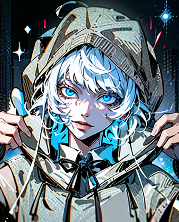 (hyperrealistic), (illustration), (high resolution), (8K), (extremely detailed), (best illustration), (beautiful detailed eyes), (The best detailed calidra), (masterpiece), (wallpaper), (detailed face), only, (dynamic pose), 1 woman, White hair Chica anime, dragon woman, brown hood, sloppy appearance, masculine appearance, White hair, bright navy blue eyes, dark background, the white light comes from above, Super beautiful, murderous look, just wear a hood, White hair como la nieve, extremely white hair, extremely navy blue eyes, coffee hood, beautiful quality, Perfect Anatomia, medieval, deck, clothing, He only wears a simple hood, standing, torso up, body completely covered with clothing, his hood covers his face, his arms are hidden behind his cape, He has his hood up and hides his face, a light comes from above, smiling evilly, she has dragon eyes, Purple and blue eyes, outer space background