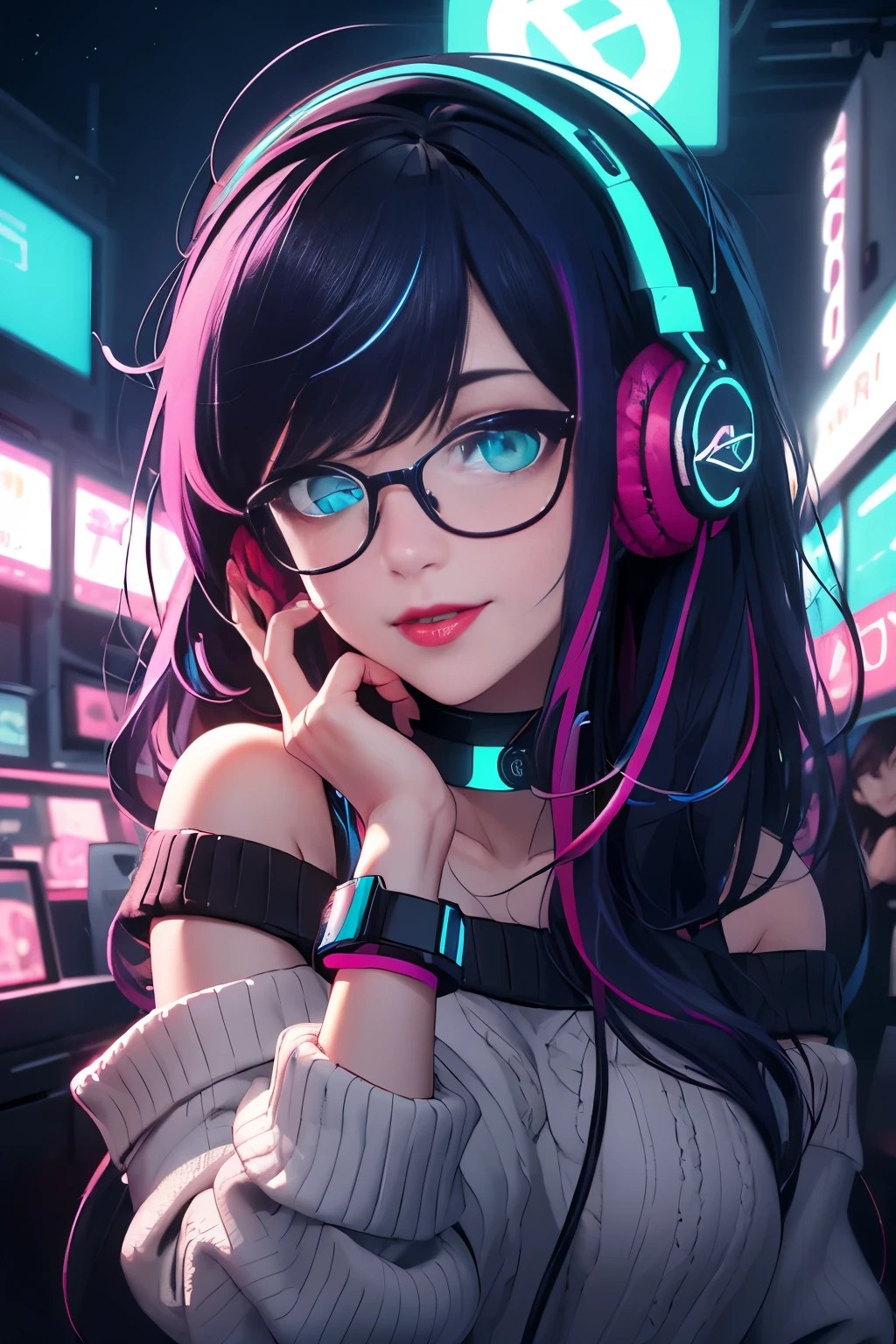 ((best quality)), ((masterpiece)), (detailed), perfect face, female, gamer girl, aqua eyes, cherry-red lips, light smile, long black hair, purple streaks, wearing headphones, bangs, ribbon, choker, bracelet, nerdy glasses, sleeves past fingers, black off-shoulder sweater, gamer girl's bedroom, nighttime, neon lights, colorful lights