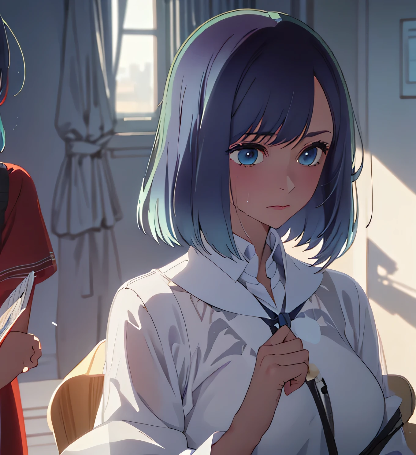 tall body, tall, long legs, mature woman, mature, adult, , eft_oshi_akane, alone, 1 girl, blue hair, white shirt, looking at viewer, medium hair, shawl, red dress, bangs, closed mouth, green eyes, hair multicolored, short hair, hand up, sweat, expressionless, faded hair, blue eyes, more details XL