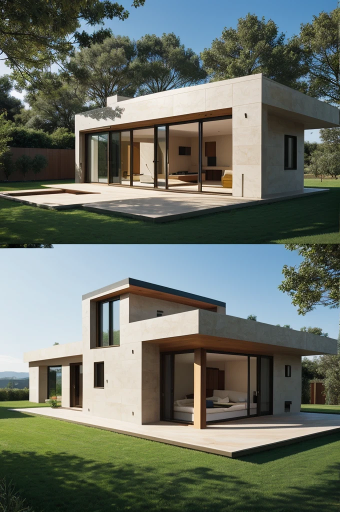 Three truncated geometric figures assembled to form a house that is easy to draw.
