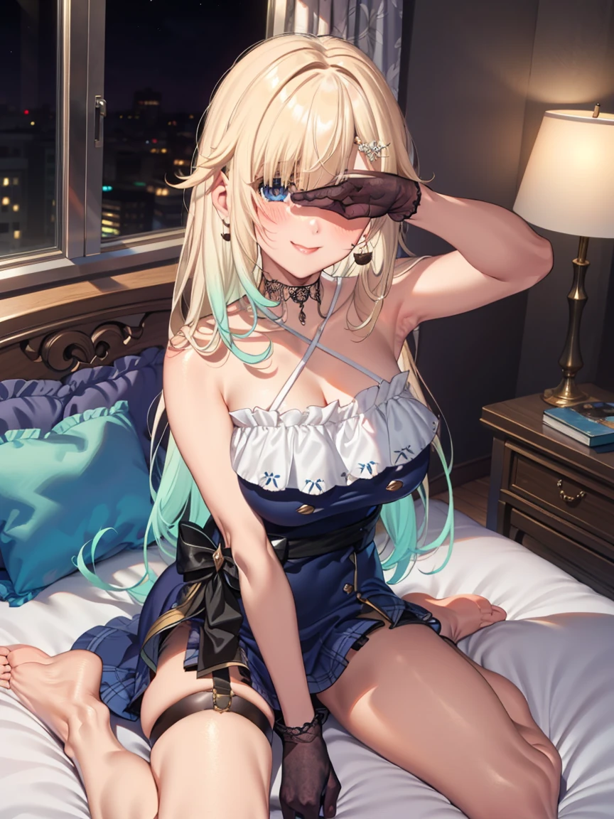 Portrait, official art, best masterpiece, best quality, best resolution, 8K, best detailed, (perfect anatomy:1.3), (looking at viewer)
BREAK
covering eyes, (sitting), (wariza)
BREAK
aizawa ema, long hair, gradient hair, blond hair, hair ornament, earrings, blue eyes, lace choker, black choker, bare shoulders, criss-cross halter, blue dress, frils, black bow, black gloves, thigh strap, fishnet, single thighhigh, (large breasts:1.2), solo, 1girl
BREAK
(smile:1.1), (blush), (close your mouth)
BREAK
on the bed, (night), (Dim lighting), very detailed 16KCG wallpapers