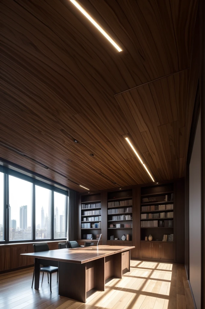 an office with dark wood furniture, like an imposing table and shelves full of law books and reference works, organized and clean environment, with few adornments, reflecting the seriousness and importance of the legal activities carried out there. The lighting is natural, coming from windows that provide a discreet view of the surrounding urban area. 