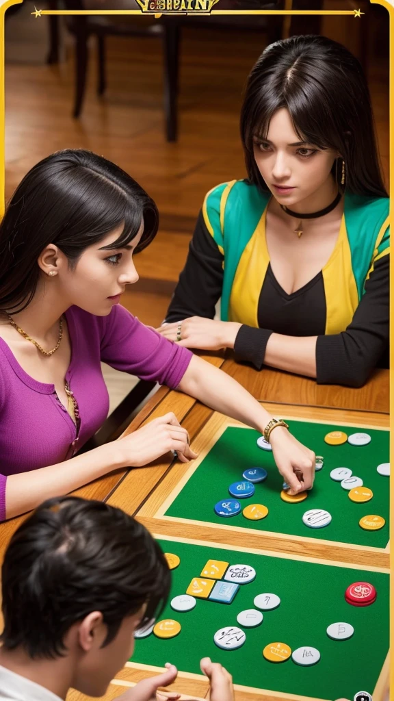 A scene depicting Bruno Bucciarati from JoJo's Bizarre Adventure playing the board game Catan with a female character who has dark hair and a serious expression. They are sitting across from each other at a table, deeply focused and serious as they compete in the game. The background is vibrant and colorful with a dynamic atmosphere, featuring energetic elements typical of the JoJo's Bizarre Adventure style. The board game Catan is detailed with various pieces and cards on the table, showing the intense competition between the characters. Add other JoJo's Bizarre Adventure anime-style characters in the background, interacting or watching the game.