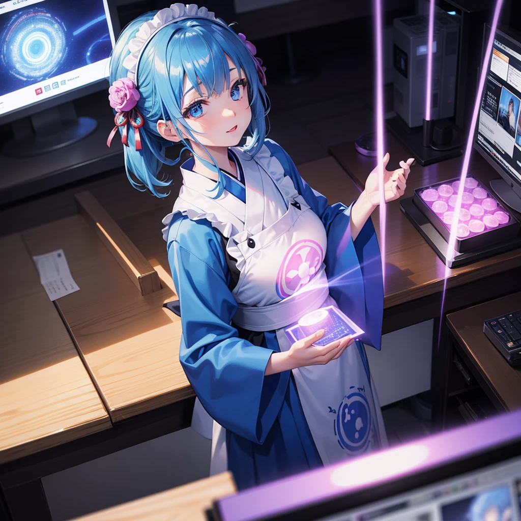 One woman,Maid,Wearing Japanese clothing,Multiple Monitors（Streaming screen　hologram）,Swirling blue light,Izakaya