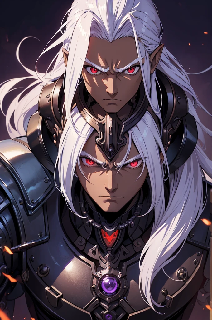 ((best quality)), ((masterpiece)), (detailed), ((boy)), ((mechanical armor)), (steampunk), (serious), dark skinned, human, upper body, portrait, red eyes, long white hair, Xemnas from Kingdom Hearts, half-drow, pointy ears, serious face, dramatic lighting, purple hue, art by Kinema Citrus
