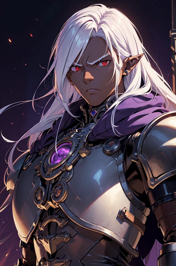 ((best quality)), ((masterpiece)), (detailed), ((boy)), ((mechanical armor)), (steampunk), (serious), dark skinned, human, upper body, portrait, red eyes, long white hair, Xemnas from Kingdom Hearts, half-drow, pointy ears, serious face, dramatic lighting, purple hue, art by Kinema Citrus