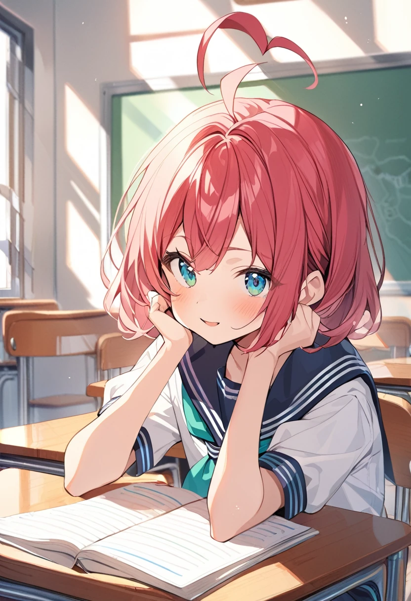 1girl ,rubyred hair,bowlcut hair,half circle ahoge,blue green eyes,serafuku,classroom