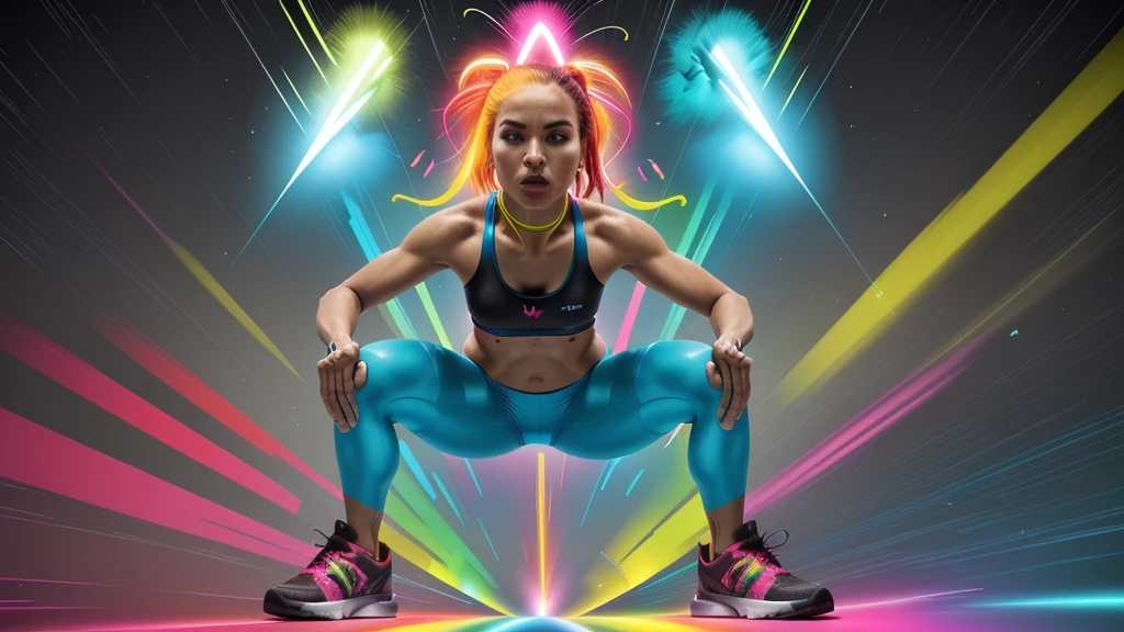 Create a dynamic and energetic poster featuring bold, modern typography with the title 'Ultimate Workout Playlist'. Use vibrant colors like electric blue, neon green, and fiery red. Incorporate abstract elements such as sound waves, fitness icons (dumbbells, sneakers, etc.), and geometric shapes to convey movement and intensity. Background can be a gradient or a burst of light to enhance the high-energy feel. No people in the image