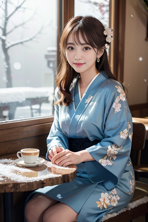 Japanese ID ,((cute ,baby face:1.2)),(8K, RAW photo, Super detailed, highest quality:1.2), (realistic, Photoreal:1.4), (very detailed, ultra high resolution ,beautiful, table top:1.2), ,very detailed顔と目,shiny skin,(Upper body:1.professional lighting,soft light, sharp focus, Depth of written boundary,medium hair,earrings, (Kimono costume with gorgeous floral pattern :1.3),Bokeh,(dynamic angle:1.5 ),(A cozy little café with warm lights shining through as snow falls outside. The contrast of the winter scenery visible from the window and the warmth inside. :1.3)