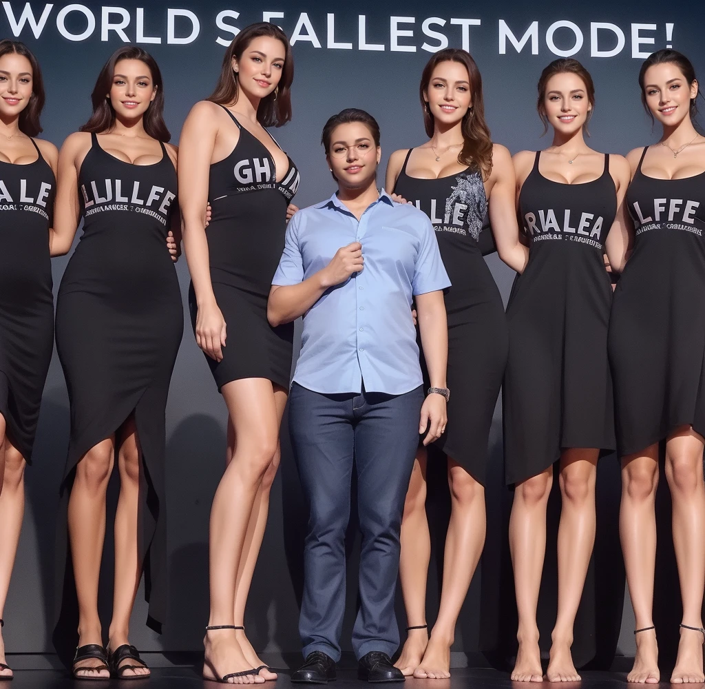 Three tall girls on the lfe left, three tall girls in the right, short man in the middle, the girls are much taller than the man, girls have big  and cleavage, girls are wearing black, man is wearing blue shirt, girls are standing barefoot, man is wearing shoes,