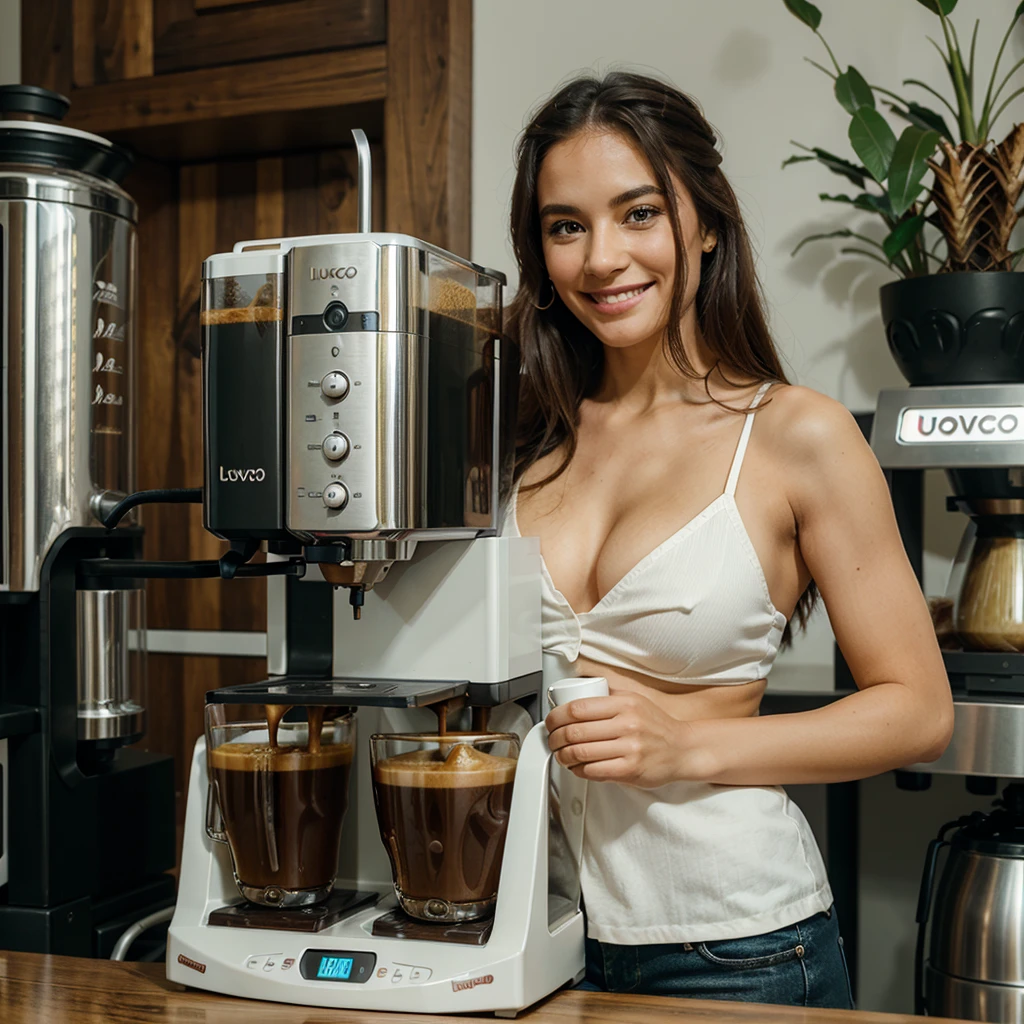 Create a woman drinking coffee from LUVOCO branded machines.LA in an elegant place. high level of detail, the girl smiling. 