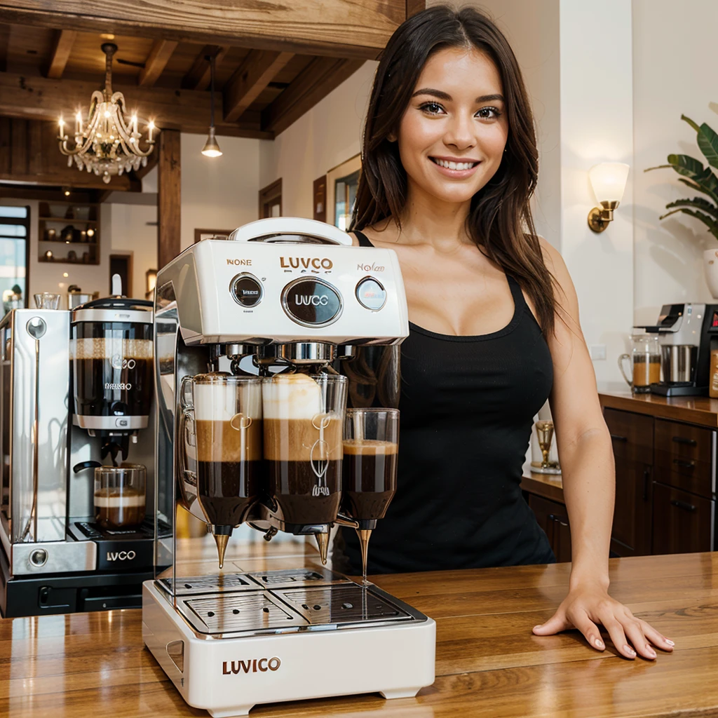 Create a woman drinking coffee from LUVOCO branded machines.LA in an elegant place. high level of detail, the girl smiling.
