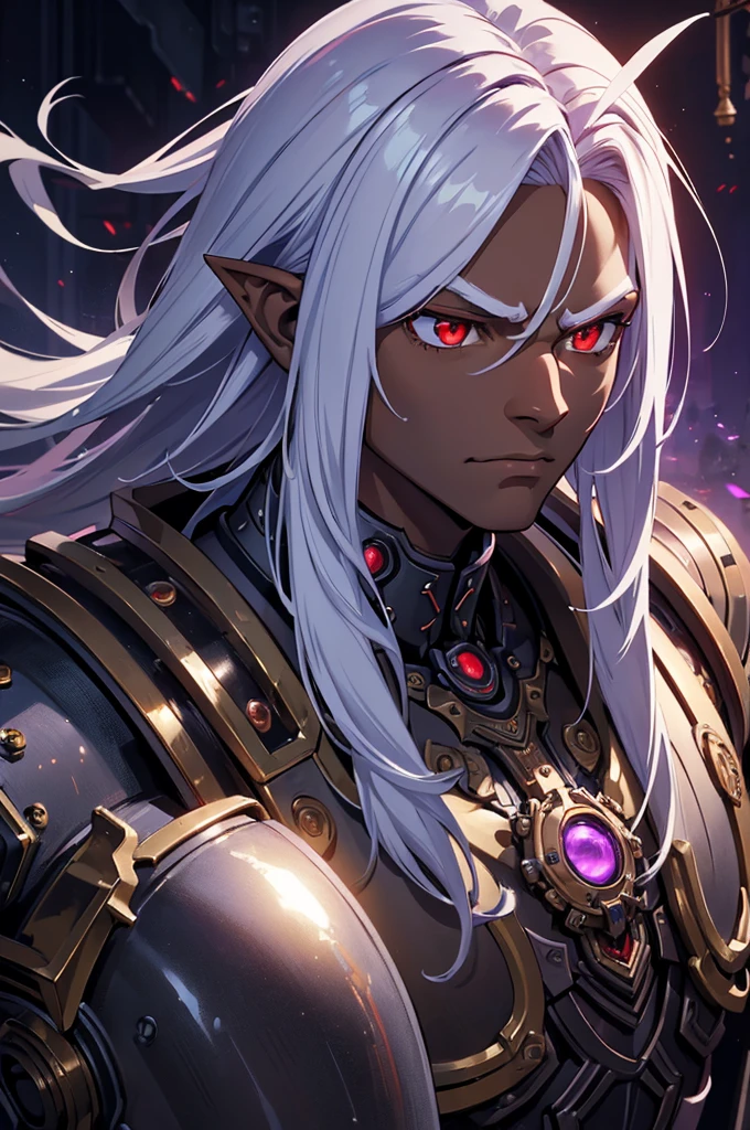 ((best quality)), ((masterpiece)), (detailed), ((boy)), ((mechanical armor)), (steampunk), (serious), dark skinned, human, upper body, portrait, red eyes, long white hair, Xemnas from Kingdom Hearts, half-drow, pointy ears, serious face, dramatic lighting, purple hue, art by Kinema Citrus