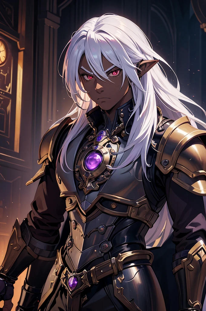 ((best quality)), ((masterpiece)), (detailed), ((boy)), ((mechanical armor)), (steampunk), (serious), dark skinned, human, upper body, portrait, red eyes, long white hair, Xemnas from Kingdom Hearts, half-drow, pointy ears, serious face, dramatic lighting, purple hue, art by Kinema Citrus
