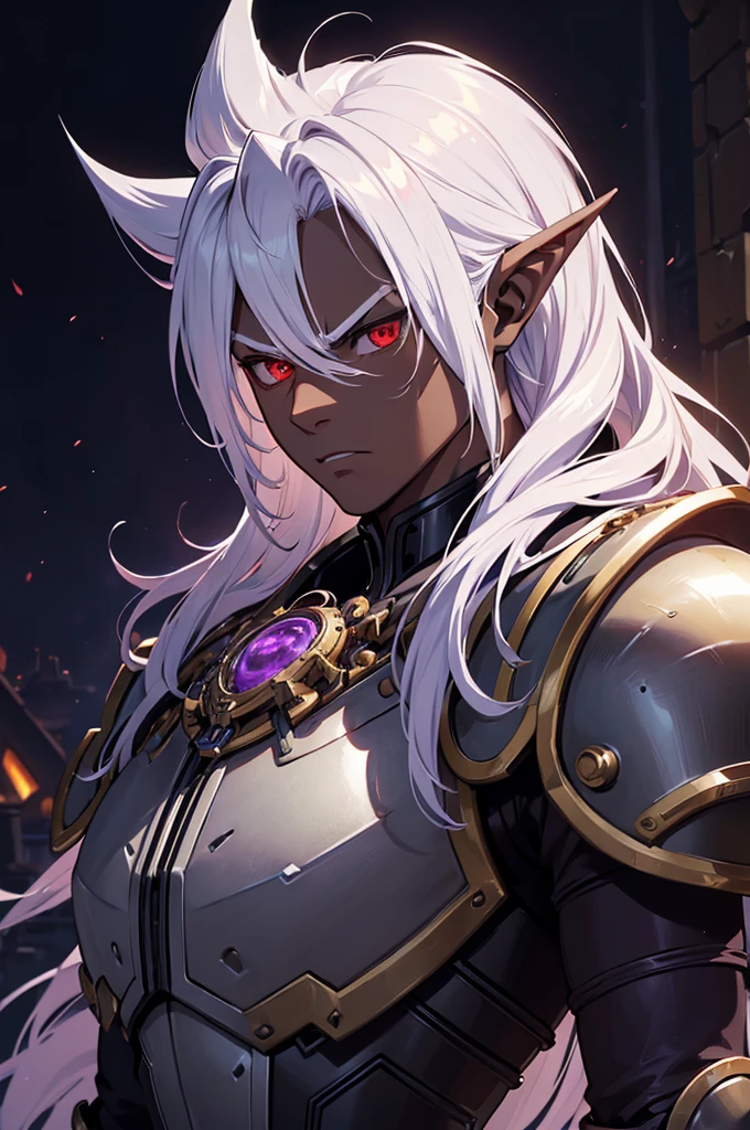 ((best quality)), ((masterpiece)), (detailed), ((boy)), ((mechanical armor)), (steampunk), (serious), dark skinned, human, upper body, portrait, red eyes, long white hair, Xemnas from Kingdom Hearts, half-drow, pointy ears, serious face, dramatic lighting, purple hue, art by Kinema Citrus
