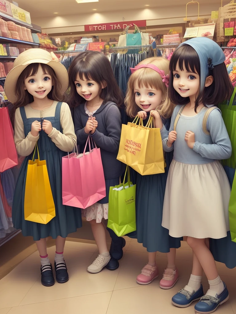 cheerful children with shopping bags in the store with good prices and lots of people around