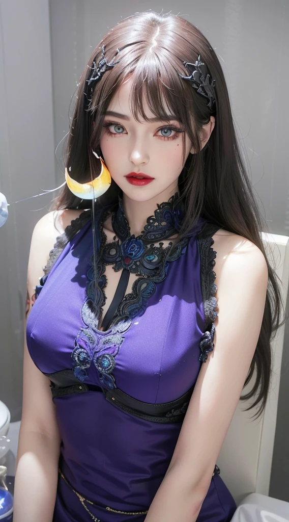 Royal princess,Super detailed, Delicate face, Stock Photography , Portrait 400, F1 Camera Lens.6, Colorful, Surrealism, Realistic textures, Dramatic Lighting, Thin Film Distiller 800 (8K, original photo, Better quality, masterpiece: 1.2), Super detailed, (Extremely delicate skin: 1.2), 8K 超高清, SLR camera, Soft Light, high quality.Fire Queen,Blue pupils,Apply red lipstick,Have a tattoo,The tattoo is very three-dimensional,Gorgeous and intricate tattoo designs,8K Mugshot,Large Breasts,Dark eyeshadow,Sexy thick lips(Red lipstick),Ice Princess,The facial features are very three-dimensional,Goddess of moonlight