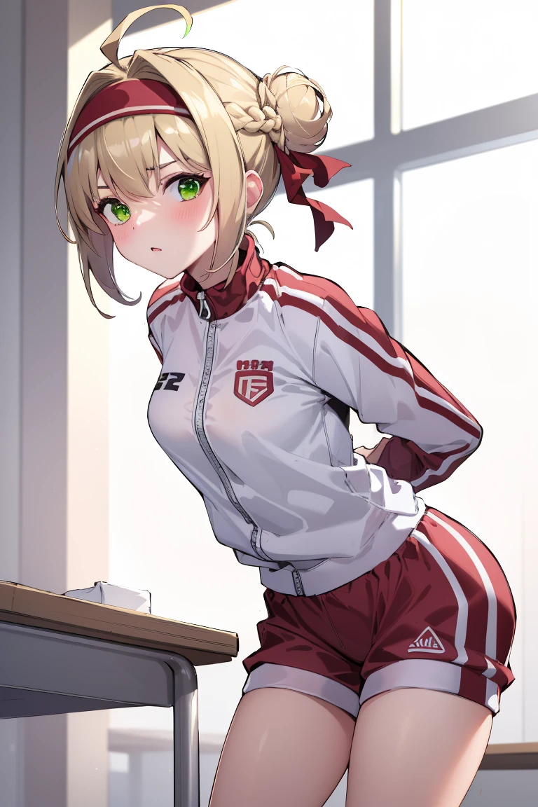 One girl,fgoblack, black, Ahoge, Blonde, (Green Eyes:1.5), Hair between the eyes, Hair Intake, 
break braid, Bloomers, French Braid, Gym Shirt, Gym suit, Hair Bun, head band, Official Alternative Costumes, red Bloomers, red head band, single Hair Bun,
break looking at viewer, Are standing, Leaning forward, Put your arms behind your back,
break indoors, classroom,
break (masterpiece:1.2), Highest quality, High resolution, unity 8k wallpaper, (figure:0.8), (Beautiful attention to detail:1.6), Highly detailed face, Perfect lighting, Highly detailed CG, (Perfect hands, Perfect Anatomy),