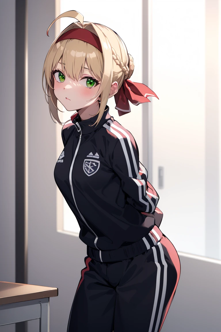 One girl,fgoblack, black, Ahoge, Blonde, (Green Eyes:1.5), Hair between the eyes, Hair Intake, 
break braid, Bloomers, French Braid, Gym Shirt, Gym suit, Hair Bun, head band, Official Alternative Costumes, red Bloomers, red head band, single Hair Bun,
break looking at viewer, Are standing, Leaning forward, Put your arms behind your back,
break indoors, classroom,
break (masterpiece:1.2), Highest quality, High resolution, unity 8k wallpaper, (figure:0.8), (Beautiful attention to detail:1.6), Highly detailed face, Perfect lighting, Highly detailed CG, (Perfect hands, Perfect Anatomy),