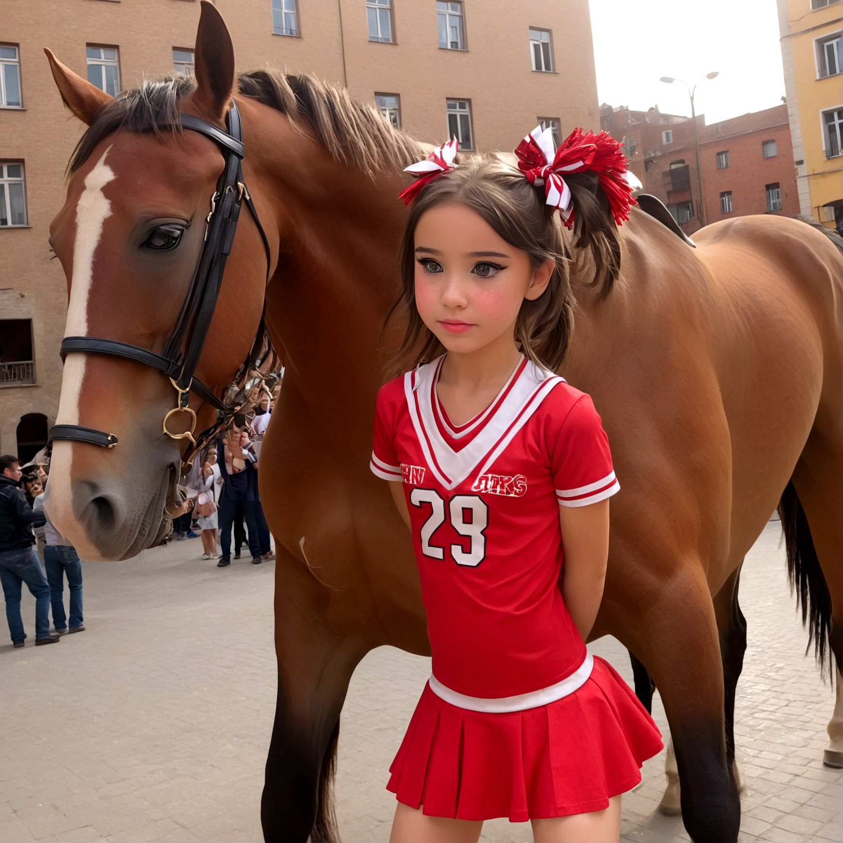 draw a -primary scs a cheerleader, cum on face, she is in a public square next to a big horse holding the horse&#39;s penis and jerking off to the horse