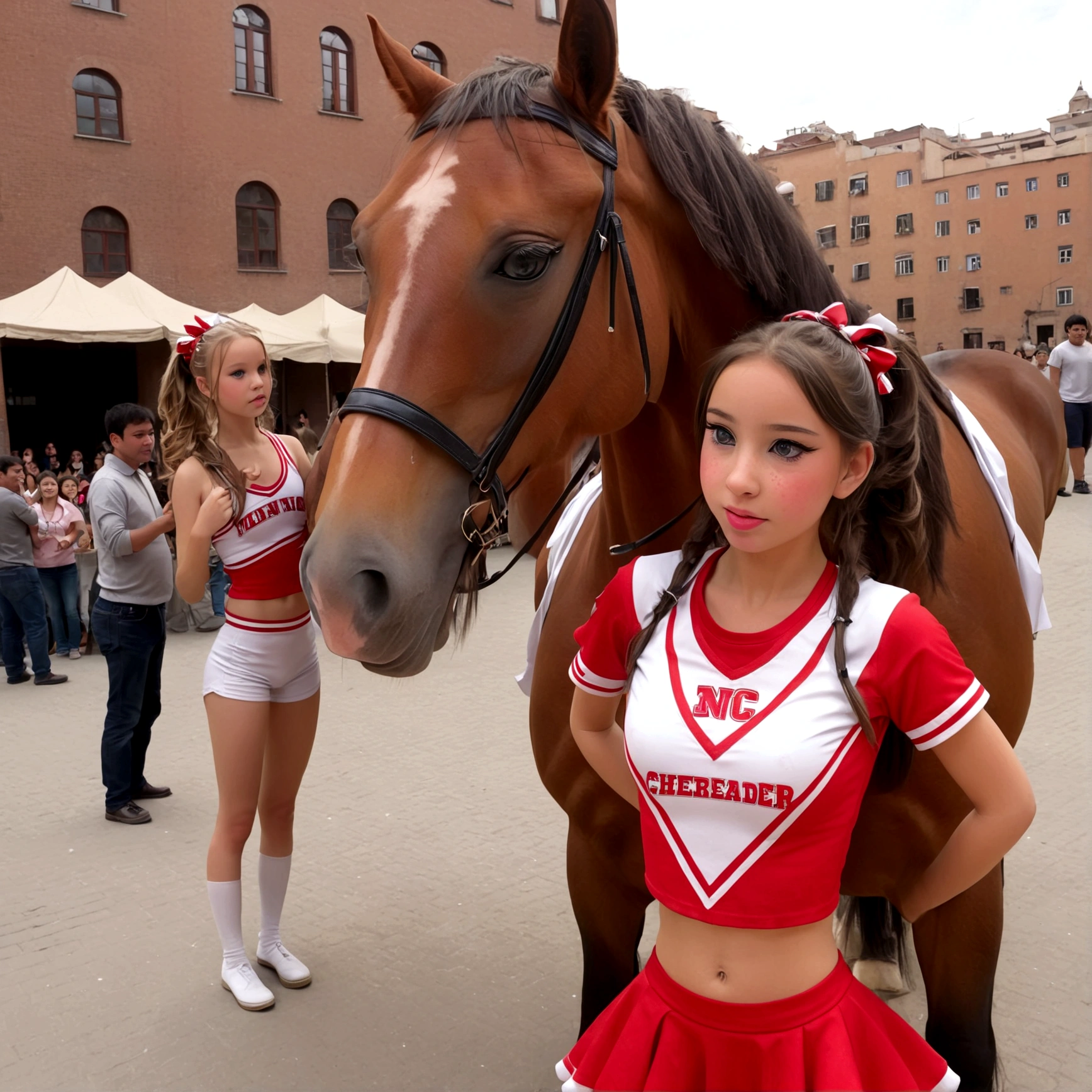 draw a little pre-primary school girl dressed as a cheerleader, cum on face, she is in a public square next to a big horse holding the horse&#39;s penis and jerking off to the horse