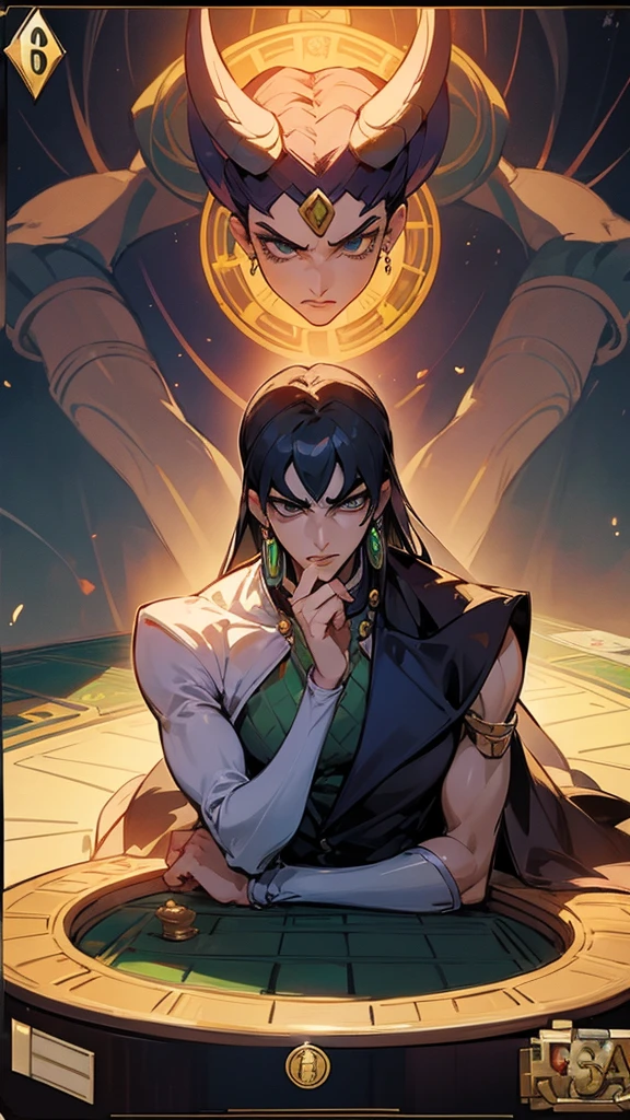 A scene depicting Bruno Bucciarati from JoJo's Bizarre Adventure playing the board game Catan with a female character who has dark hair and a serious expression. They are sitting across from each other at a table, deeply focused and serious as they compete in the game. The background is vibrant and colorful with a dynamic atmosphere, featuring energetic elements typical of the JoJo's Bizarre Adventure style. The board game Catan is detailed with various pieces and cards on the table, showing the intense competition between the characters. Add other JoJo's Bizarre Adventure anime-style characters in the background, interacting or watching the game.
