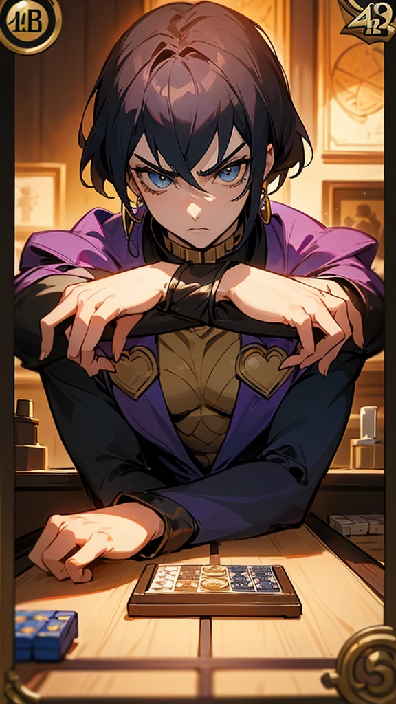 A scene depicting Bruno Bucciarati from JoJo's Bizarre Adventure playing the board game Catan with a female character who has dark hair and a serious expression. They are sitting across from each other at a table, deeply focused and serious as they compete in the game. The background is vibrant and colorful with a dynamic atmosphere, featuring energetic elements typical of the JoJo's Bizarre Adventure style. The board game Catan is detailed with various pieces and cards on the table, showing the intense competition between the characters. Add other JoJo's Bizarre Adventure anime-style characters in the background, interacting or watching the game.