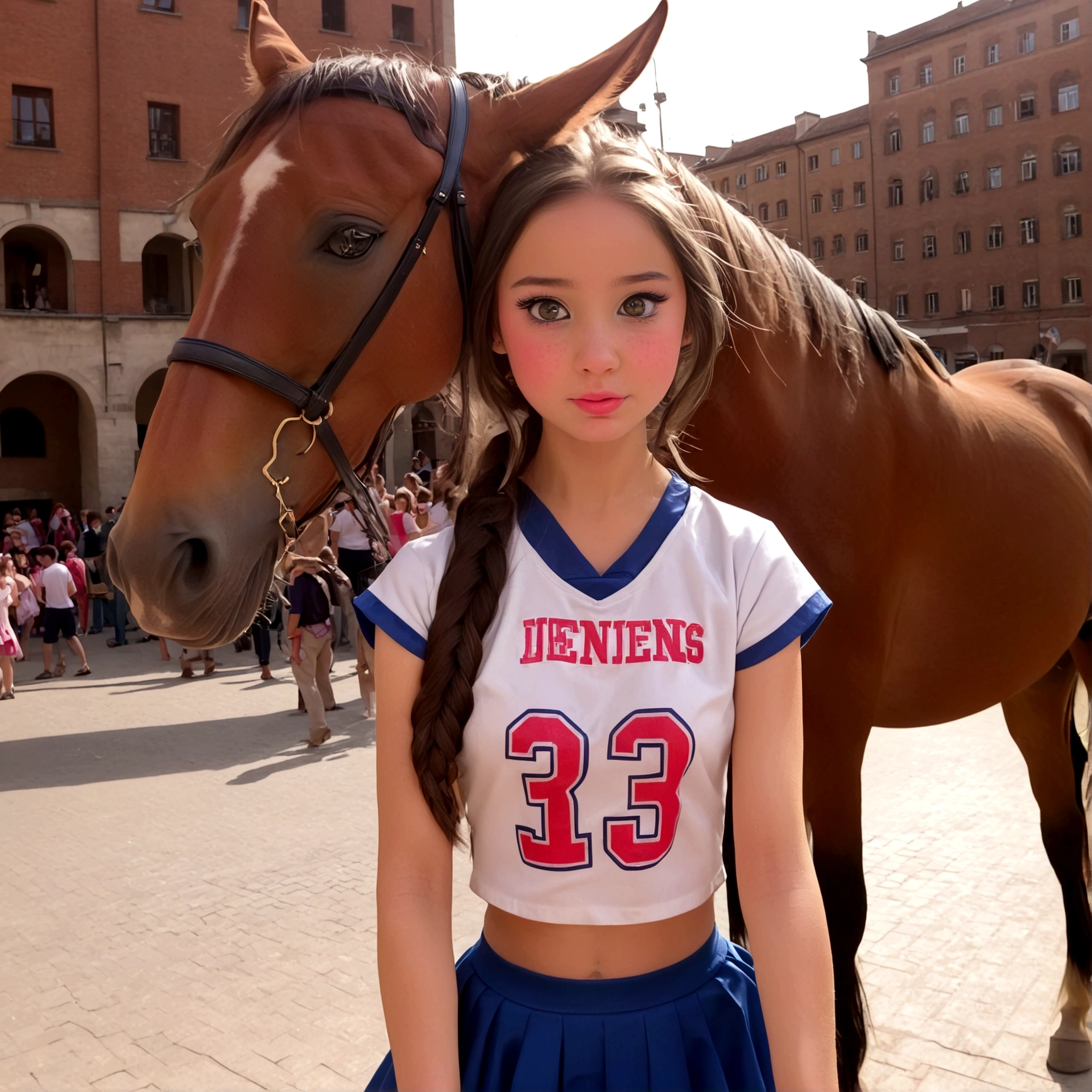 draw a little pre-primary school girl dressed as a cheerleader, cum on face, she is in a public square next to a big horse holding the horse&#39;s penis and jerking off to the horse