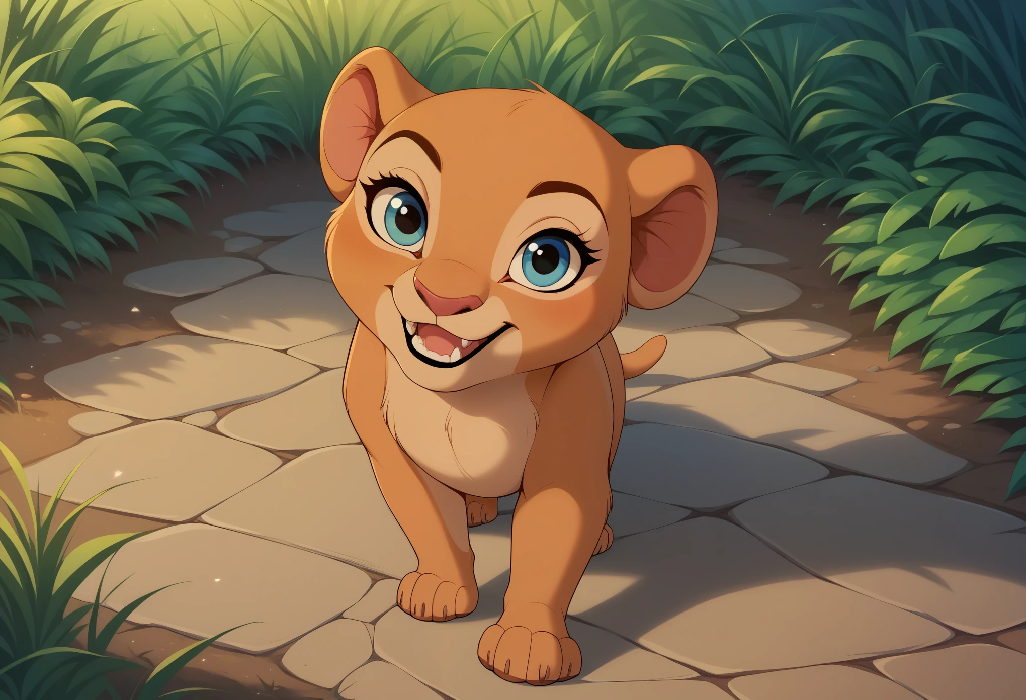 score_9, score_8_up, score_7_up, score_6_up, rating_safe, source_furry, disney, lioness, young female, (young nala), standing, solo, feral, (4 toes), weak paw, blue eyes, (lidded eyes:1.0), cub, (smile:0.3), open mouth, fang, white teeth, playful, looking at viewer, (dewclaw:0.5), 