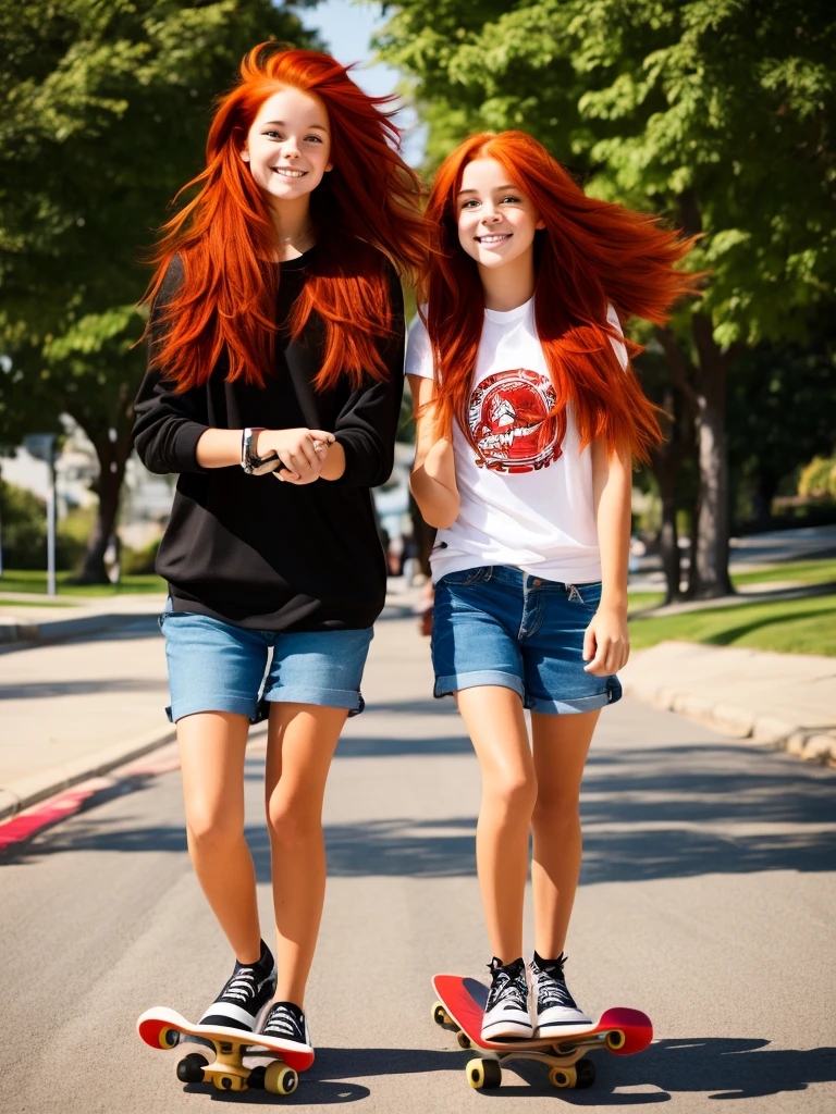 a girl with red hair and a girl with brown hair riding a skateboard
