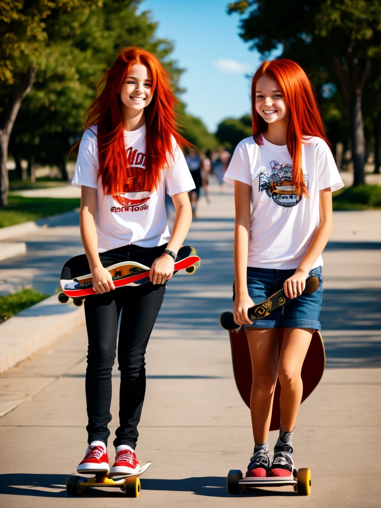 a girl with red hair and a girl with brown hair riding a skateboard 