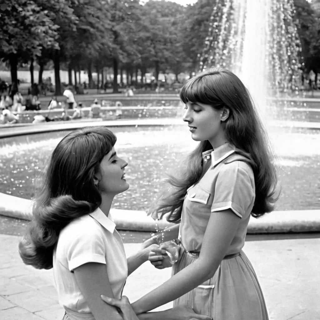 Female University Students Empowering Each Other, A Symbol of Sexual Liberation, Paris 1960s, A Public Park adorned with a Fountain, Long, Free-Flowing Hair
Or
University Coeds Embracing Intimacy, A Celebration of Sexual Freedom, Parisian Summer of 1960, A Lively Public Park with a Majestic Fountain, Long, Flowing Manes
Or
Bold University Students Sharing an Intimate Moment, A Testimony of Sexual Liberation, 1960s Paris, A Vibrant Public Park featuring a Stunning Fountain, Long,