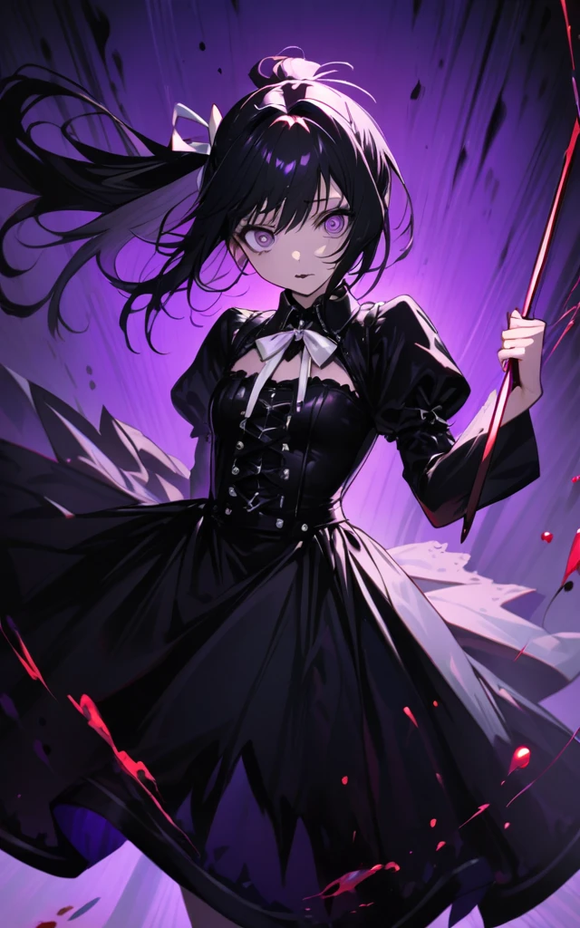 (masterpiece)、(absurdres)、(ultra detailed)、solo lady、shiny black hair、shiny purple eyes、short highponytail
、1white ribbon:1.1、small breast:0.8、gothic dress,Crazy Eyes、despair、Dark Side、Swinging a sword、Blood droplets、darkness,wander、