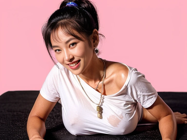 (extreme wide shot:1.5),(thai Women),(street :1.5),(super highponytail hair),(Detailed Background:2),(huge breast:1.5),(T-shirt:1.5),((Necklace)),Earrings,grin,darkskinned,top-quality,(((masutepiece))),8K,((Photorealsitic))),