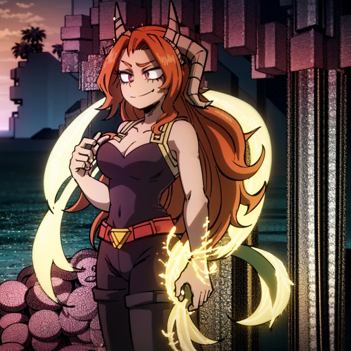 1girl, the siren, the mermaid, adagio dazzle, female focus, boku no hero academia, masterpiece, best quality, very aesthetic, big breasts, long wavy hair, orange hair, magenta eyes, smirk, beautiful, sunset sea