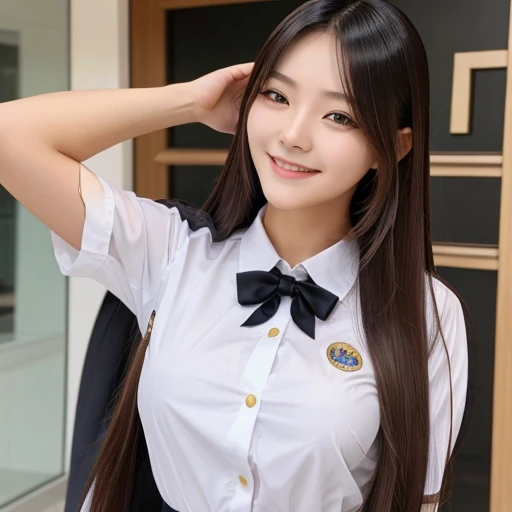 A girl with top and jensh girl a prefect body long hair style for smile face Korean woman