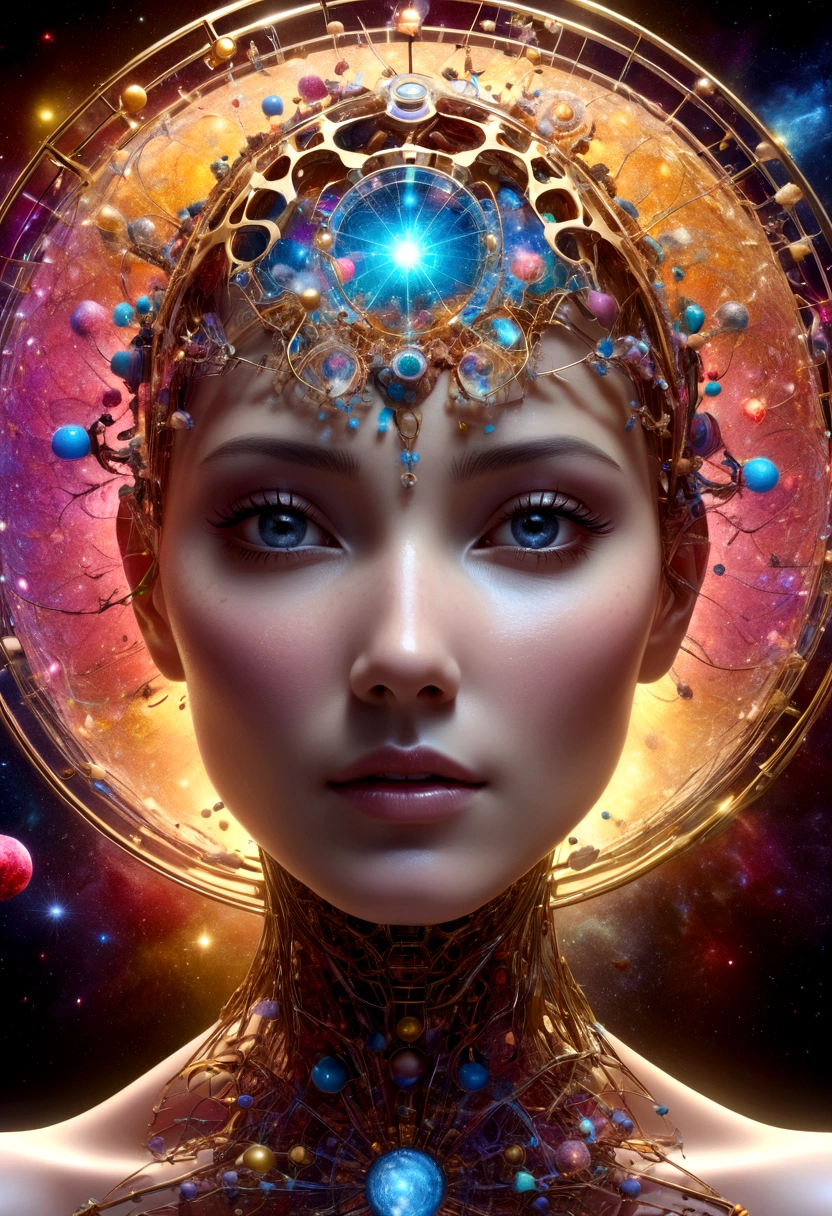 female human anatomy, Different parts of the body are scattered., 3D cubic distribution of the body, Lumps and spheres burst from the face., surreal cgi masterpiece, bright colors, Light around the wheel rim, mechanical dispersion, decay of the biosphere, Highly detailed, floating parts, Detailed cosmic background, fractal art, seeing galaxy light, 16K, Star concept art, sharp line