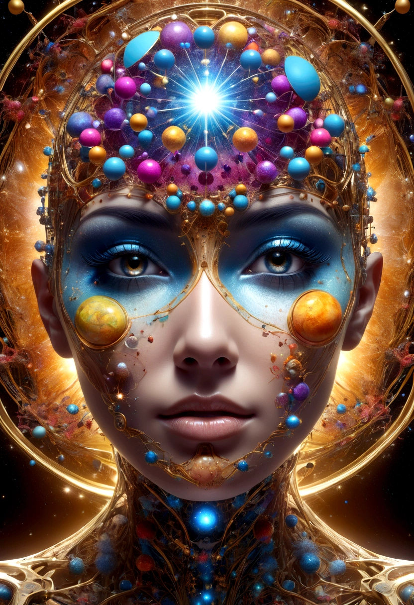 female human anatomy, Different parts of the body are scattered., 3D cubic distribution of the body, Lumps and spheres burst from the face., surreal cgi masterpiece, bright colors, Light around the wheel rim, mechanical dispersion, decay of the biosphere, Highly detailed, floating parts, Detailed cosmic background, fractal art, seeing galaxy light, 16K, Star concept art, sharp line