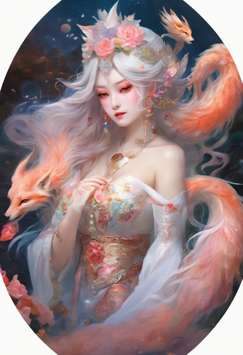 best quality,masterpiece,Ultra-high resolution,(photoactual:1.4),beautiful_Face,Twenty-five--old oriental nine-tailed demon fox woman,bright eyes,cleavage,Long silver hair above the waist,Wearing fairy costume(Bright 1:0),game vision,Oil paper umbrella in hand,Lake,Sitting on an antique boat