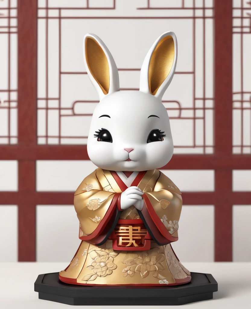 Cute white girl rabbit Jizo statue3D Image、Gaze kindly、wear Kimono、Think of something fun、Bring happiness、With a pen in hand、The background is a shining shrine、Standing with a gentle gaze on the viewer, Chinese elements、 Very detailed、Gold