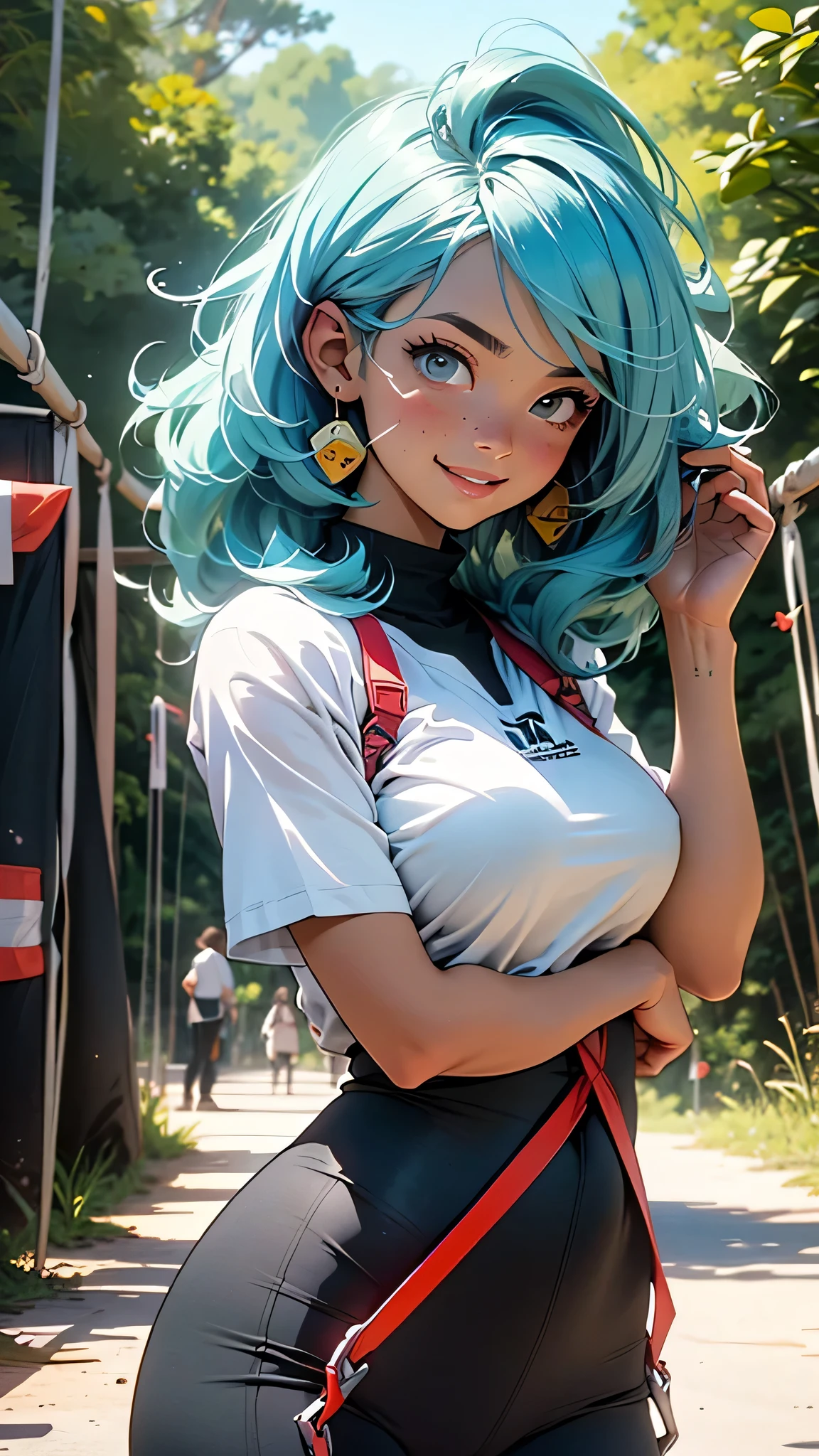 UHD, masterpiece, 1 gorgeous light blue hair woman, 23 years old, she’s a model, (beauty face:1.0), wearing a tshirt and tight sport pants, subtle smile, having great fun on a Zipline over a canyon in a forest, (in action pose:1.0), (background big zipline infrastructure with people:1.5) perfect body, perfect, hands,perfect hair, perfect breast,Kodak gold 200