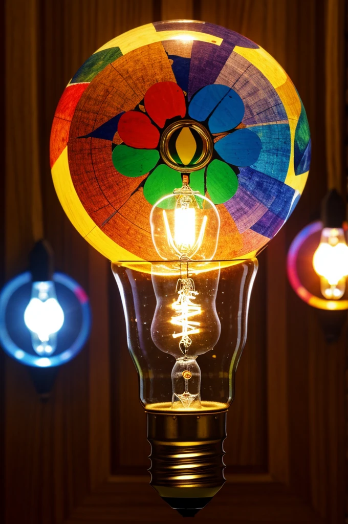 A light bulb in the middle and figures around it, colors and designs 
