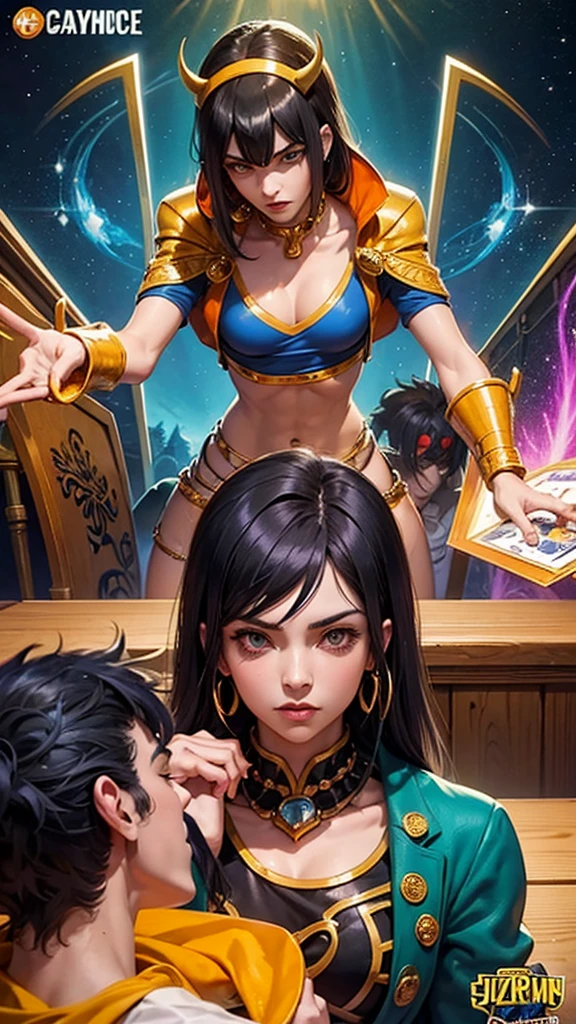 A scene depicting Bruno Bucciarati from JoJo's Bizarre Adventure playing the board game Catan with a female character who has dark hair and a serious expression. They are sitting across from each other at a table, deeply focused and serious as they compete in the game. The background is vibrant and colorful with a dynamic atmosphere, featuring energetic elements typical of the JoJo's Bizarre Adventure style. The board game Catan is detailed with various pieces and cards on the table, showing the intense competition between the characters. Add other JoJo's Bizarre Adventure anime-style characters in the background, interacting or watching the game.