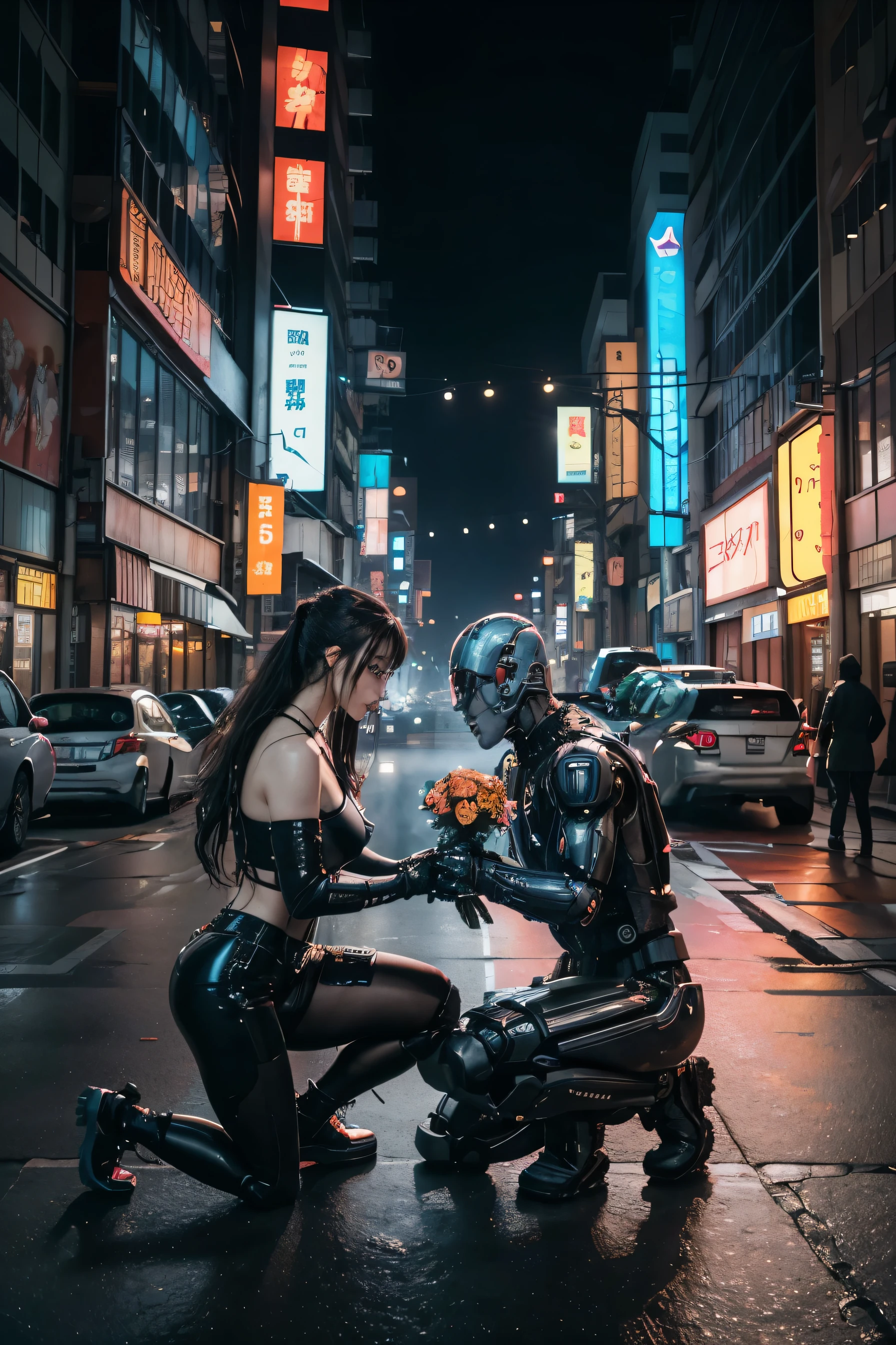 Acting as a detailed and realistic Cyberpunk designer! Generate an image of a woman with robot pieces and a man with robot pieces kneeling in front of each other handing a bouquet of flowers, they are extremely sad and desperate! They visibly have body parts replaced with cybernetic prosthetics. Where the flesh of the body mixes with the metal! This couple of Cyberhumans are surrounded by advanced technology in a background with a lot of Japanese advertising in neon full of buildings and robots.