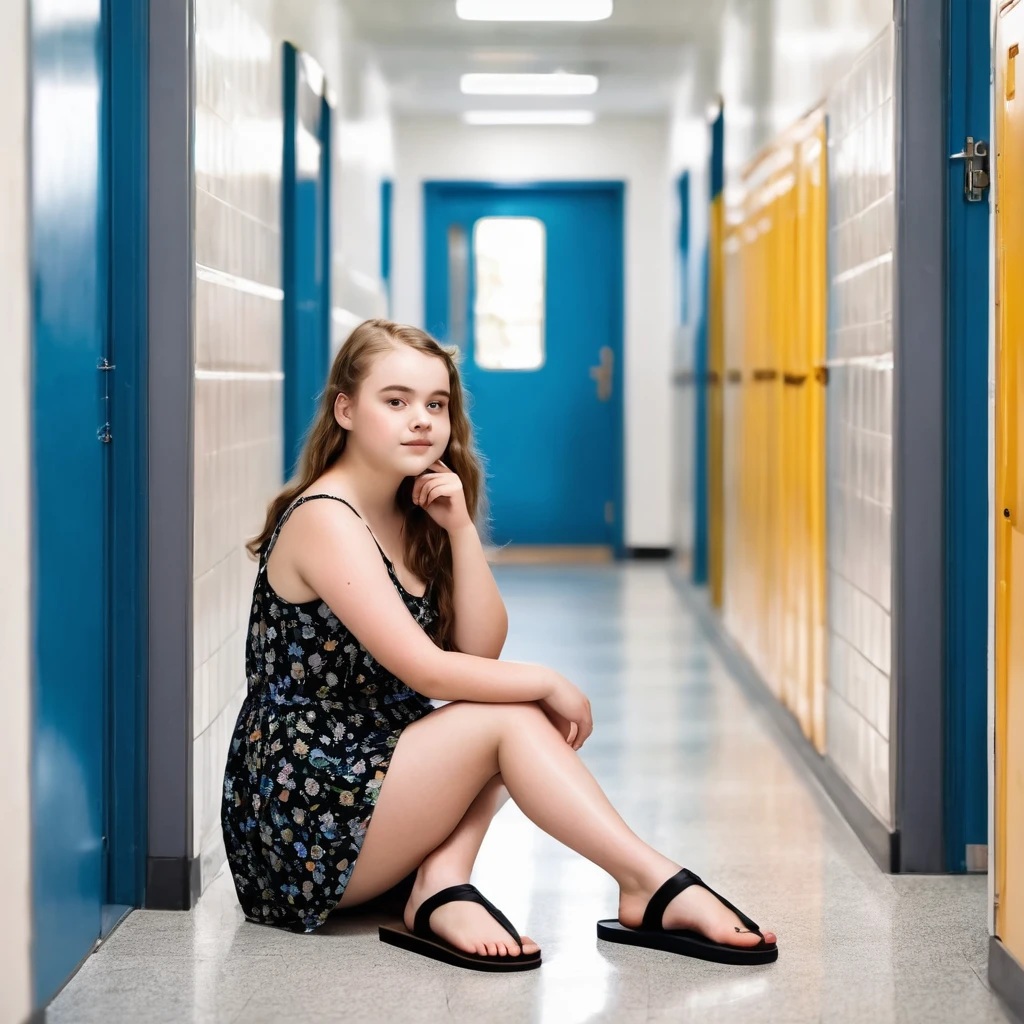 Chubby charming pale polish teen girl wearing sundress and simple black flip flops sits on the floor of school corridor 