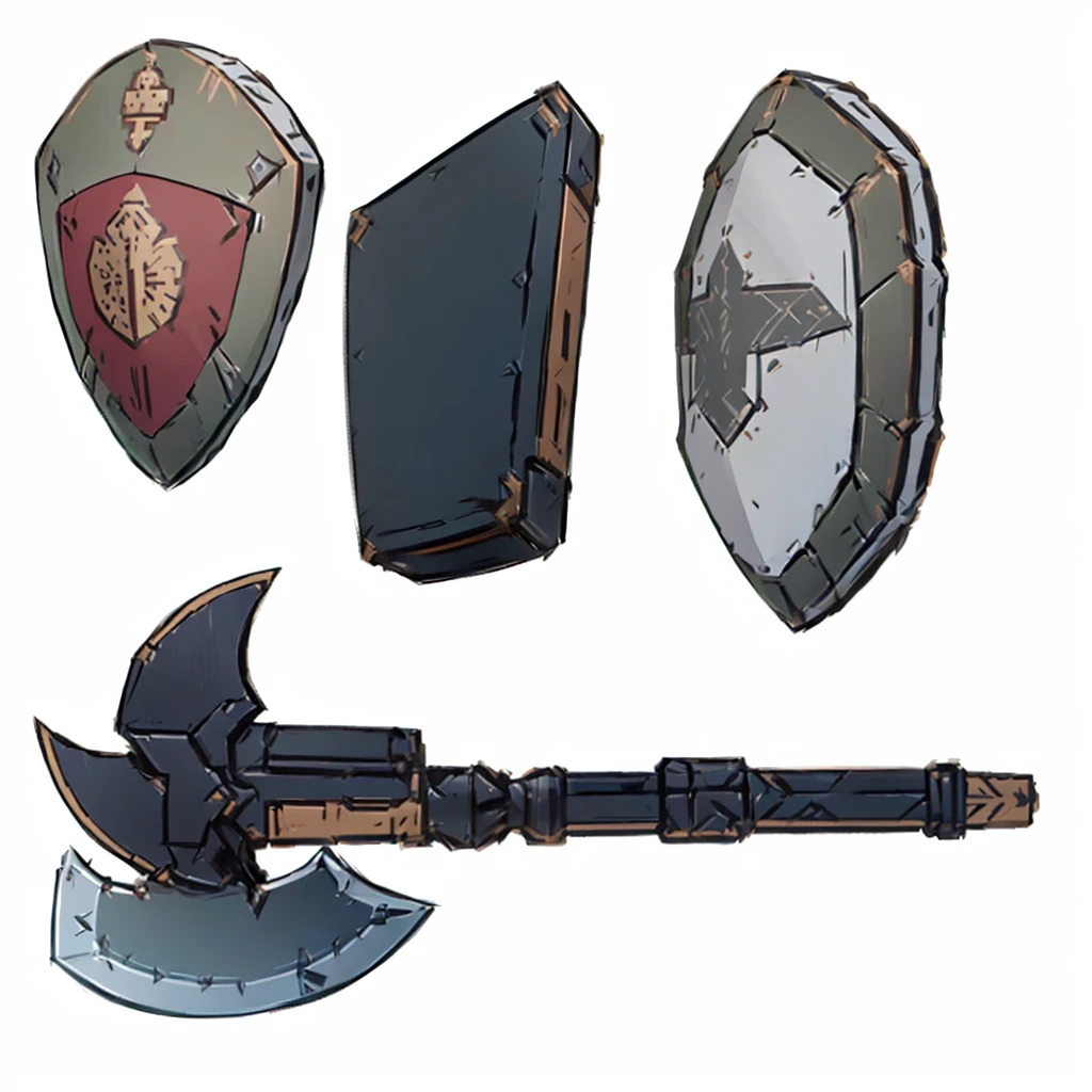 Close-up of a weapon with a shield and a visor, weapons concept art, RPG Game Items, weaponsコンセプトデザイン, Weapon concept art, rpg game inventory item, Weapon design, Fantasy RPG Weapon Art, holding weapon and shield, makeshift weapons, object concept art, RPG Items, Mace and Shield, weapons, RPG illustration, Hearthstone weapon art, videogame asset