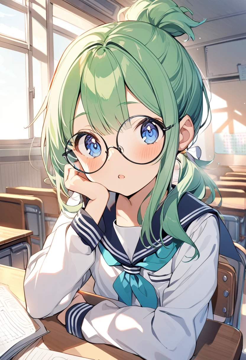1girl 10 years old,green hair,short ponytail,blue eyes,round_eyewear,serafuku,classroom