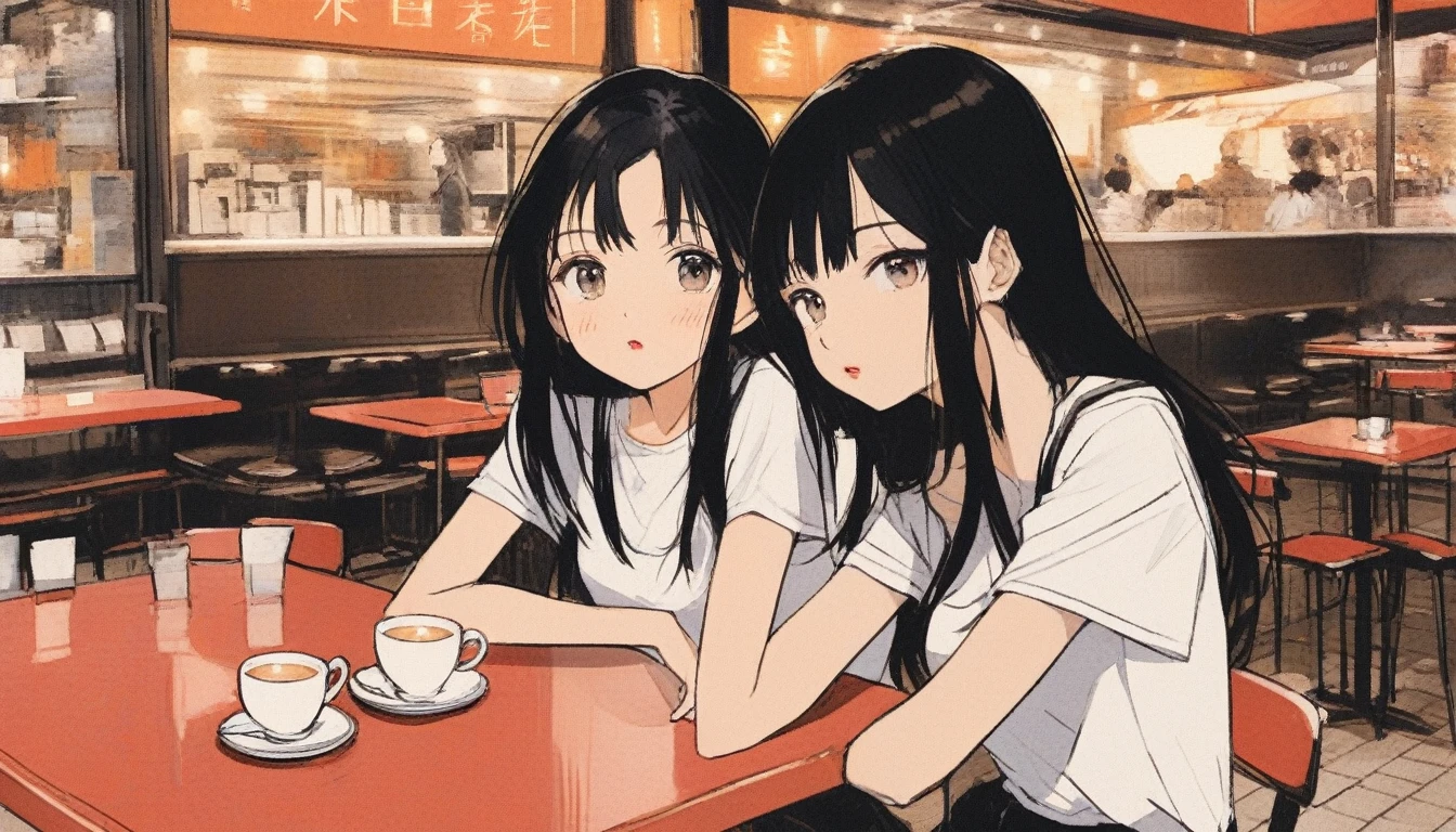 Illustrator, anime , Realistic ,sketch , 1 Girl,lip, T-Shirts,Illustrator, anime , Realistic ,sketch , 1 Girl,Textured Trim, (masterpiece,Highest quality) cafe, Black Hair,Canadian, (masterpiece,Highest quality) ,Vision