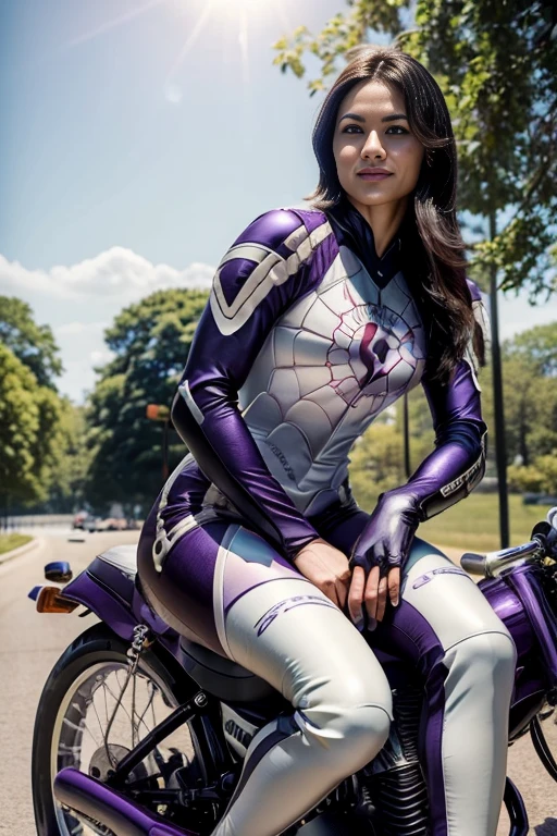 (realistic:1.5), 8k, Super delicate beauty, (a sunny day:1.5), intricate bike details (highest quality: 1.0), (Super high sharpness: 1.0),（Beautiful and delicate depiction of eyes）,(((Beautiful woman riding motorcycle))),unreal engine:1.4,photorealistic:1.4, skin texture:1.4, masterpiece:1.8, smile、long legs、((full body shot))、((purple racing suit))