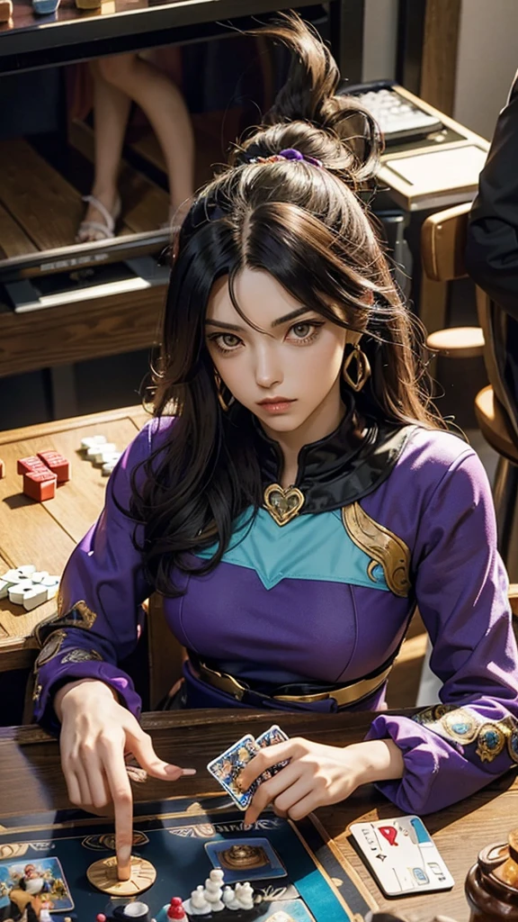 A scene depicting Bruno Bucciarati from JoJo's Bizarre Adventure playing the board game Catan with a female character who has dark hair and a serious expression. They are sitting across from each other at a table, deeply focused and serious as they compete in the game. The background is vibrant and colorful with a dynamic atmosphere, featuring energetic elements typical of the JoJo's Bizarre Adventure style. The board game Catan is detailed with various pieces and cards on the table, showing the intense competition between the characters. Add other JoJo's Bizarre Adventure anime-style characters in the background, interacting or watching the game.